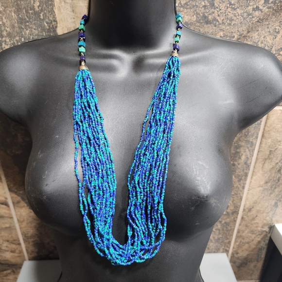 Fashion costume jewelry necklace lot Glass seed beads multi layered green blue - Picture 4 of 10